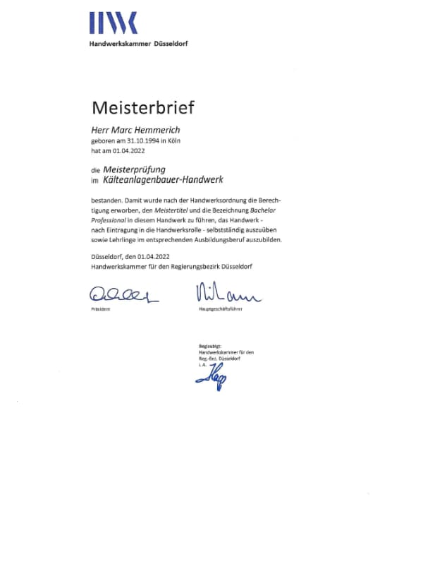 HKK Marc Hemmerich Meisterbrief Zertifizierung
