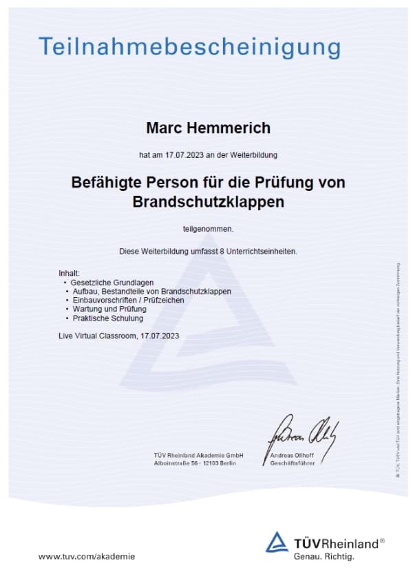 HKK Marc Hemmerich Teilnahmebescheinigung TÜV Rheinland Zertifizierung